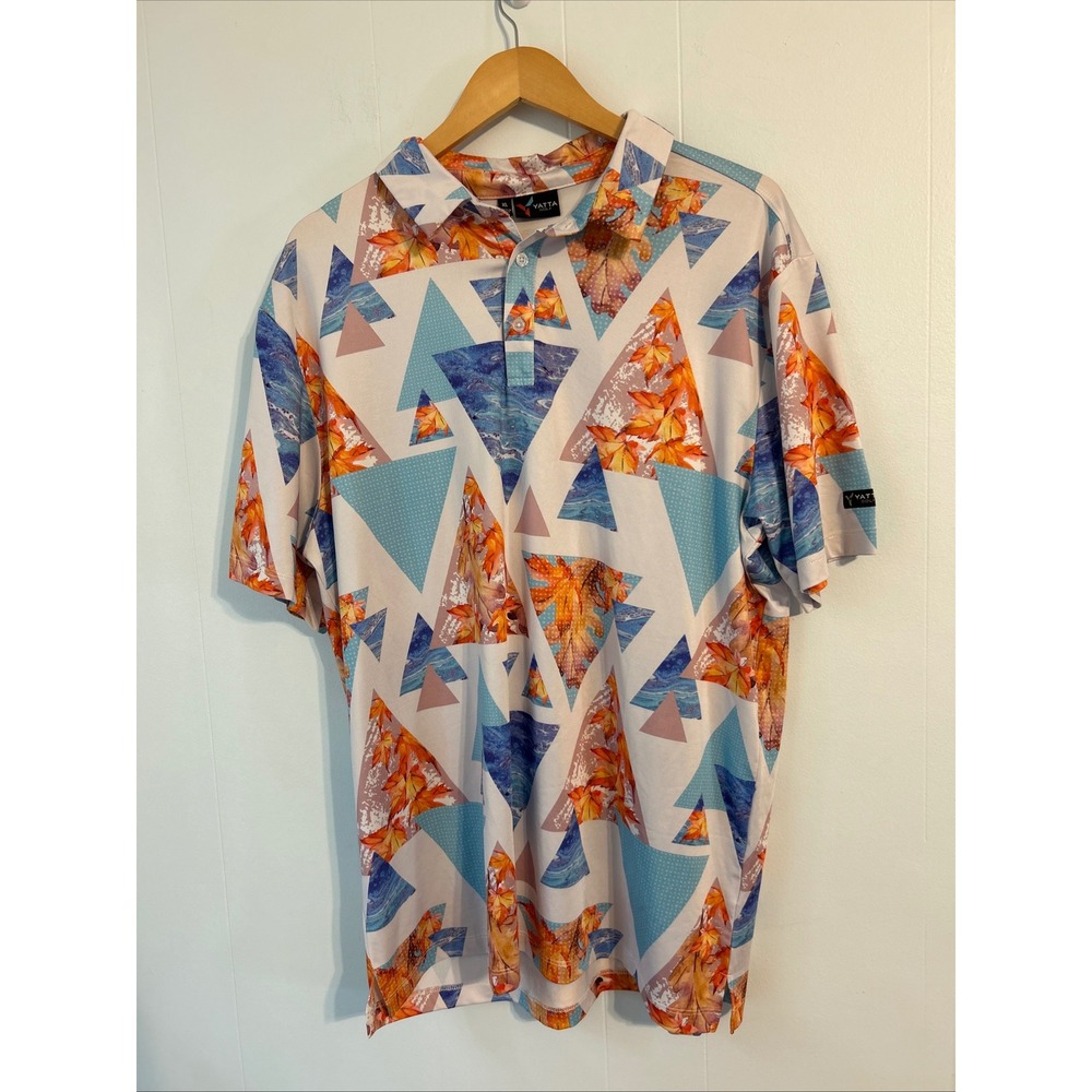 Yatta Golf XL Polo Shirt Geometric Triangle Print Fall Leaves Orange‎ Blue water